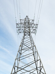 Low Angle View Of Electricity Pylon Against Clear Sky.Power line towers.