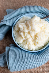 blue bowl of home made rice pudding 