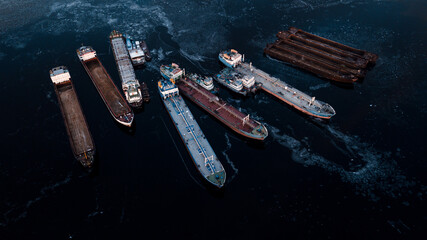 Frozen ships in the middle of an icy river