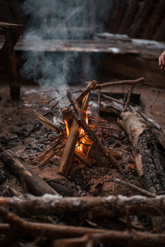 campfire in the hut during winter holidays