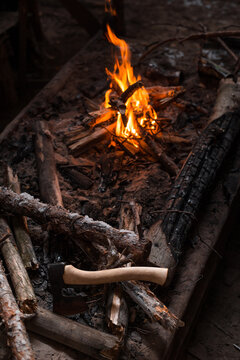 campfire in the hut during winter holidays