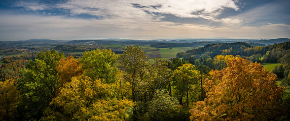 Fototapeta premium Fantastic autumn hike along the Aachtobel to the Hohenbodman observation tower