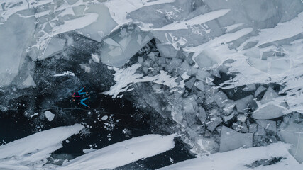 aerial view of a lovely couple in the middle of a frozen river