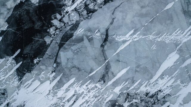 drone view: snow traces on the ice