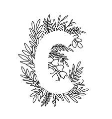 Obraz premium Letter C in thin lines leaves in elegant style. Floral letter C. Modern and stylish alphabet. Negative space lettering. Line art floral lettering isolated on white background.