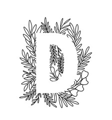 Letter D in thin lines leaves in elegant style. Floral letter D. Modern and stylish alphabet. Negative space lettering. Line art floral lettering isolated on white background.