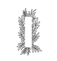 Letter I in thin lines leaves in elegant style. Floral letter I. Modern and stylish alphabet. Negative space lettering. Line art floral lettering isolated on white background.