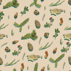 Natural seamless pattern with forest plants, illustration fir branches, cones, berries for cards and wrapping paper