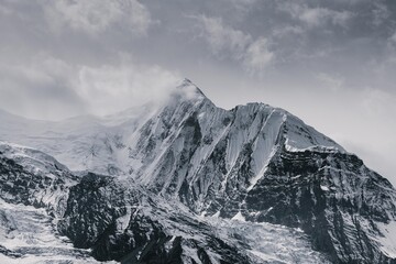 View on a snow capped Annapurna peak of Himalayan range in Nepal