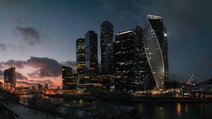 Moscow City Skyline in the dusk against red sunset