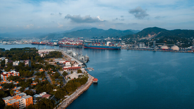 Mexican port in Manzanillo - large ocean cargo ship near the dock