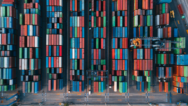 colorful shipping containers drone shot