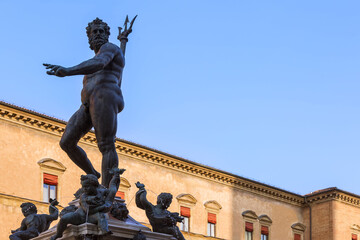 Famous Fontana del Nettuno (Neptune Fountain) at Piazza del Nettuno in Bologna with copy space in...