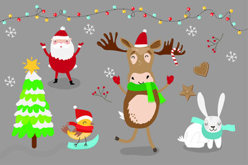 Christmas holiday icons and characters set of merry christmas vector illustration design 