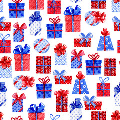 Watercolor seamless pattern of christmas elements in red-blue colors. Xmas gifts, decor, stars and ribbon.