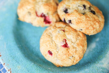 Homemade bakery scones on a blue plate