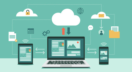 Cloud computing technology network with laptop, tablet, and smartphone, Online devices upload, download information, data in database on cloud services, vector flat illustration