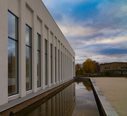 Obraz premium Modern сrematorium building under the blue sky