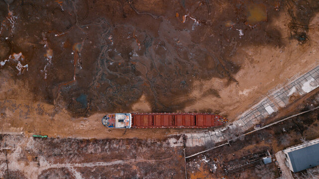 Cargo vessel on the dry riverbed