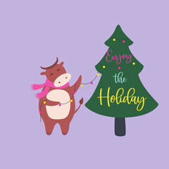 Cute bull character with scarf, decorates Christmas tree. Enjoy the holiday quote. Christmas hand drawn vector animal with garland. Winter holiday greeting card, poster design. New year sign cow 2021 
