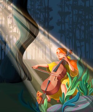 Ginger girl playing cello in the woods