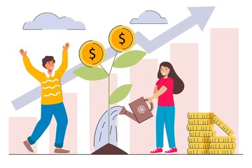 Family investment profit flat vector illustration Man and woman characters picking cash from money tree Investors strategy funding concept Revenue and income