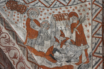 Jesus walks to school, pushed by Mary in an ancient wall-painting