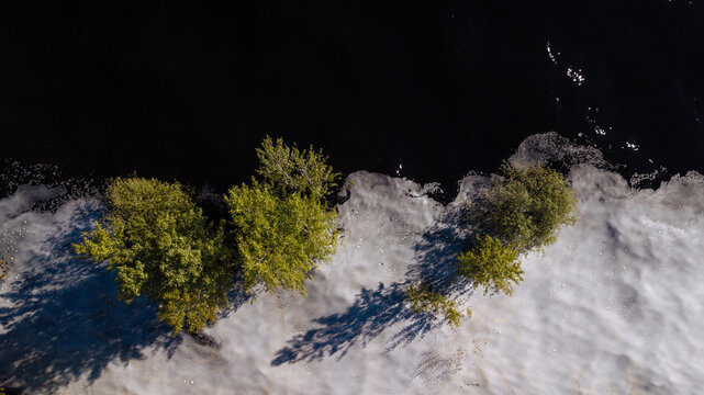 Drone shot of trees flooded by the river