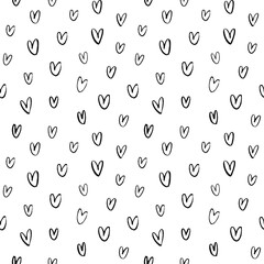 Vector seamless heart pattern. Valentine's Day black paint ornament. Hand drawn abstract seamless background with small and simple hearts. Black and white vector wallpaper. Wrapping paper, gift, print
