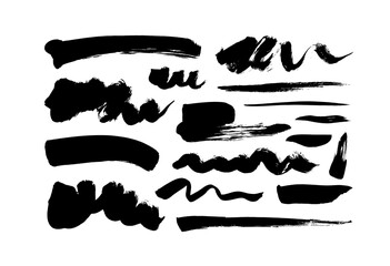 Black paint wavy and straight brush strokes vector collection. Dirty curved lines and wavy brushstrokes. Ink illustration isolated on white background. Modern grunge brush lines. Calligraphy smears.