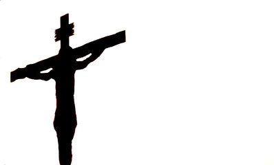 Silhouette of the crucified Jesus on a white background.Easter banner, copyspace. - obrazy, fototapety, plakaty