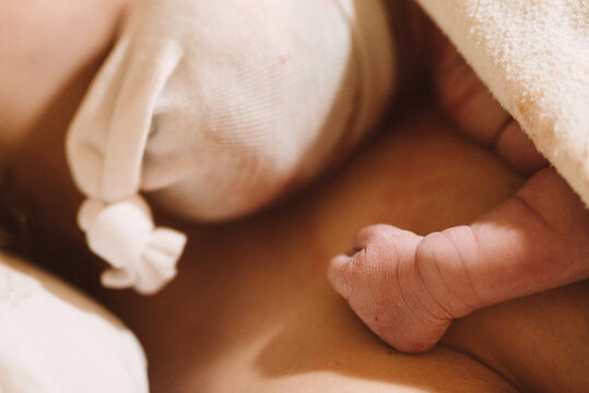 close up shot of a new born babies hand on the mothers body