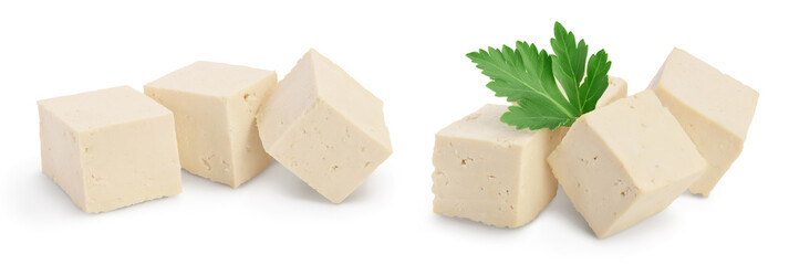 diced tofu cheese isolated on white background with clipping path and full depth of field, - obrazy, fototapety, plakaty