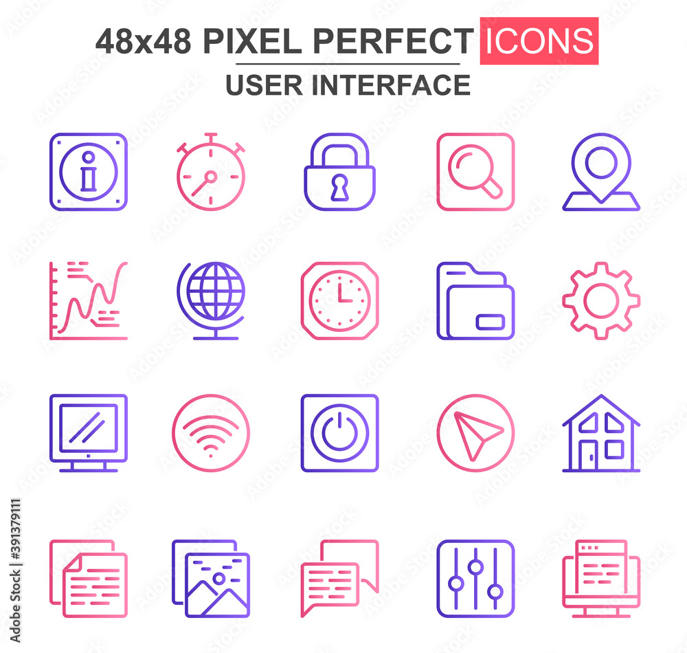 Fototapete user interface thin line icon set. pinpointer, lock, gear, email, magnifier, chart, clock, wifi, sea