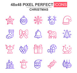 Christmas thin line icon set. Christmas tree, santa hat, deer, snowman, candy stick, holly berry, candle unique icons. Outline vector bundle for UI UX design. 48x48 pixel perfect linear pictogram pack