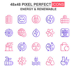 Energy and renewable thin line icon set. Power plant, nuclear energy, wind turbine, socket and plug unique icons. Outline vector bundle for UI UX design. 48x48 pixel perfect linear pictogram pack.