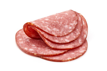 Sliced salami smoked sausage, isolated on white background