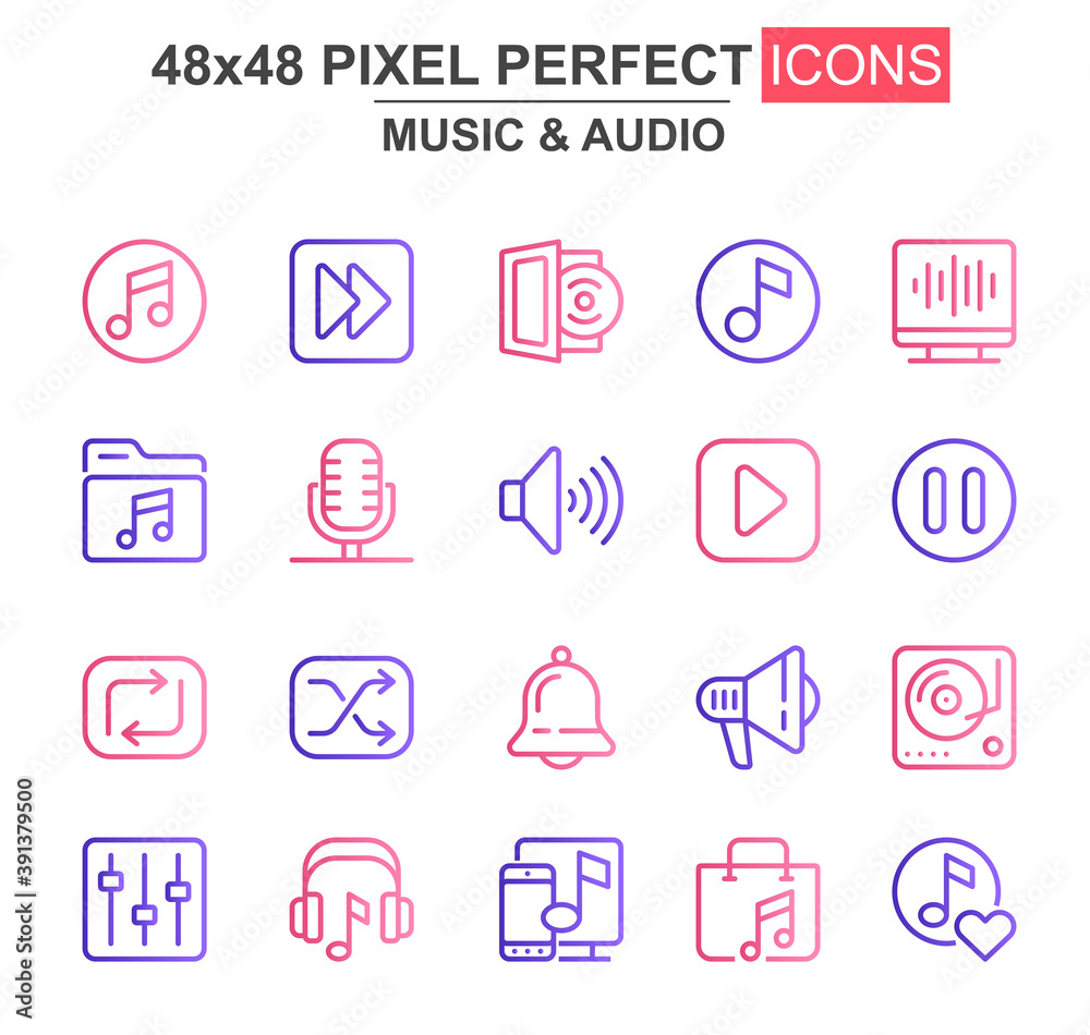 Poster Music and audio thin line icon set. Player, mixer, equalizer, headphone, loudspeaker, record, microphone unique icons. Outline vector bundle for UI UX design. 48x48 pixel perfect linear pictogram pack