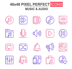 Music and audio thin line icon set. Player, mixer, equalizer, headphone, loudspeaker, record, microphone unique icons. Outline vector bundle for UI UX design. 48x48 pixel perfect linear pictogram pack