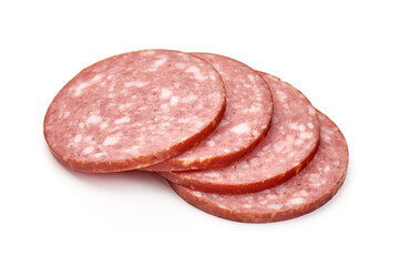 Sliced salami smoked sausage, isolated on white background