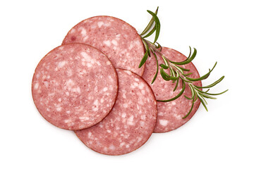 Sliced salami smoked sausage, isolated on white background
