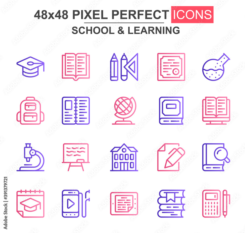 Poster school and learning thin line icons. graduation hat, stationery, textbook, microscope, backpack, glo