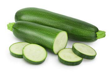 Fresh whole and sliced zucchini isolated on white background with clipping path and full depth of field