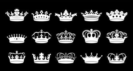 Set white crowns icon on black background. Vector Illustration. Emblem, icon and Royal symbol.