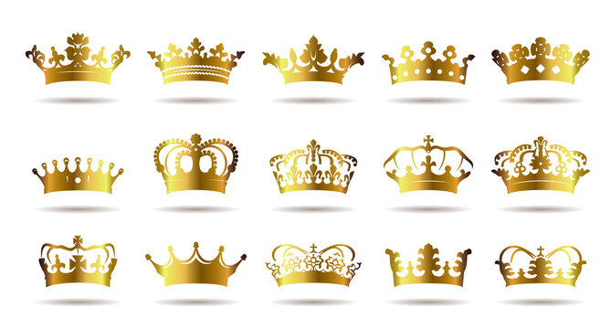 Set golden crowns icon on white background. Vector Illustration. Emblem, icon and Royal symbol.