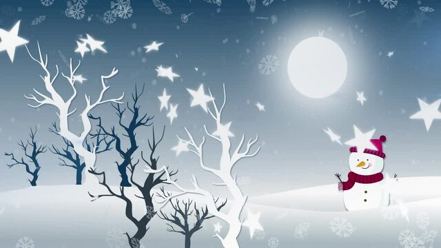 Animation of winter scenery with happy snowman and snow falling over tree on blue background