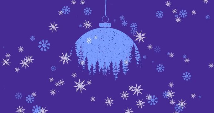 Animation of blue and purple christmas bauble decoration and snowflakes falling on purple background