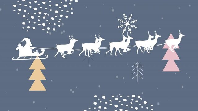 Animation of silhouette of santa claus in sleigh being pulled by reindeer with christmas trees