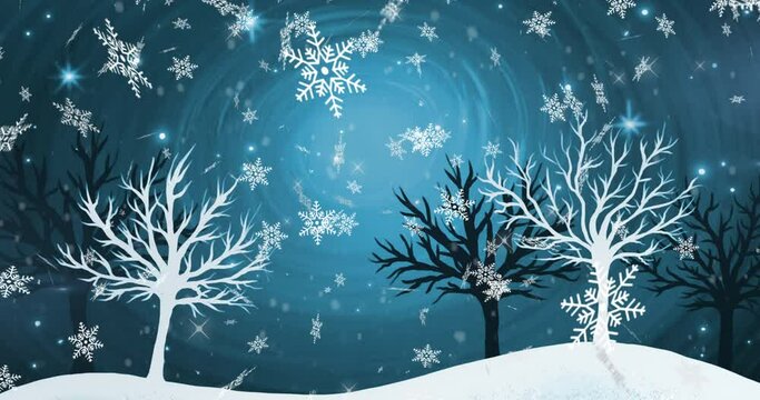 Animation of snow falling over trees on glowing blue background