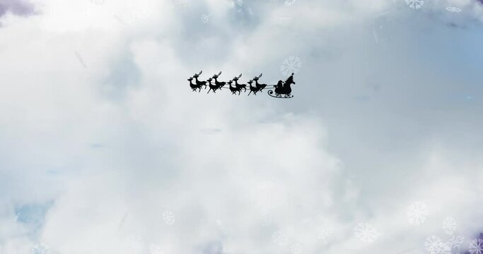 Animation of black silhouette of santa claus in sleigh being pulled by reindeer and winter christmas